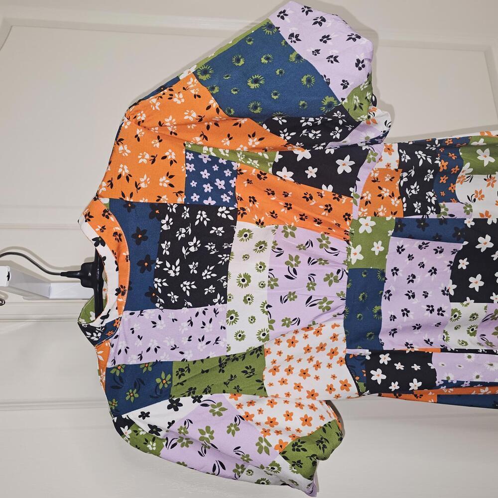 Patchwork Pattern Midi Dress With Puff Sleeves - image 3